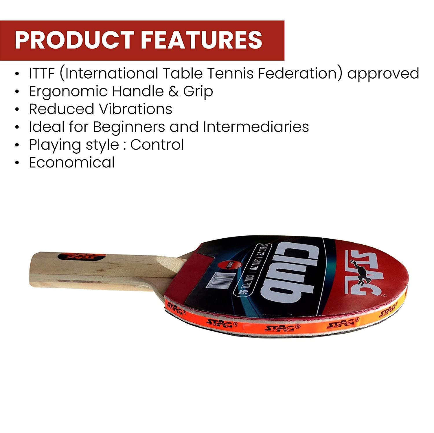 Stag Club Table Tennis Racquet | 166 grams | Beginner | ITTF Approved Rubber | Multi- Color