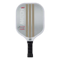 A pickleball paddle with a white frame, a brushed silver face featuring vertical gold stripes and red 'LIGHT' branding, and a black wrapped handle, shown against a plain white background.