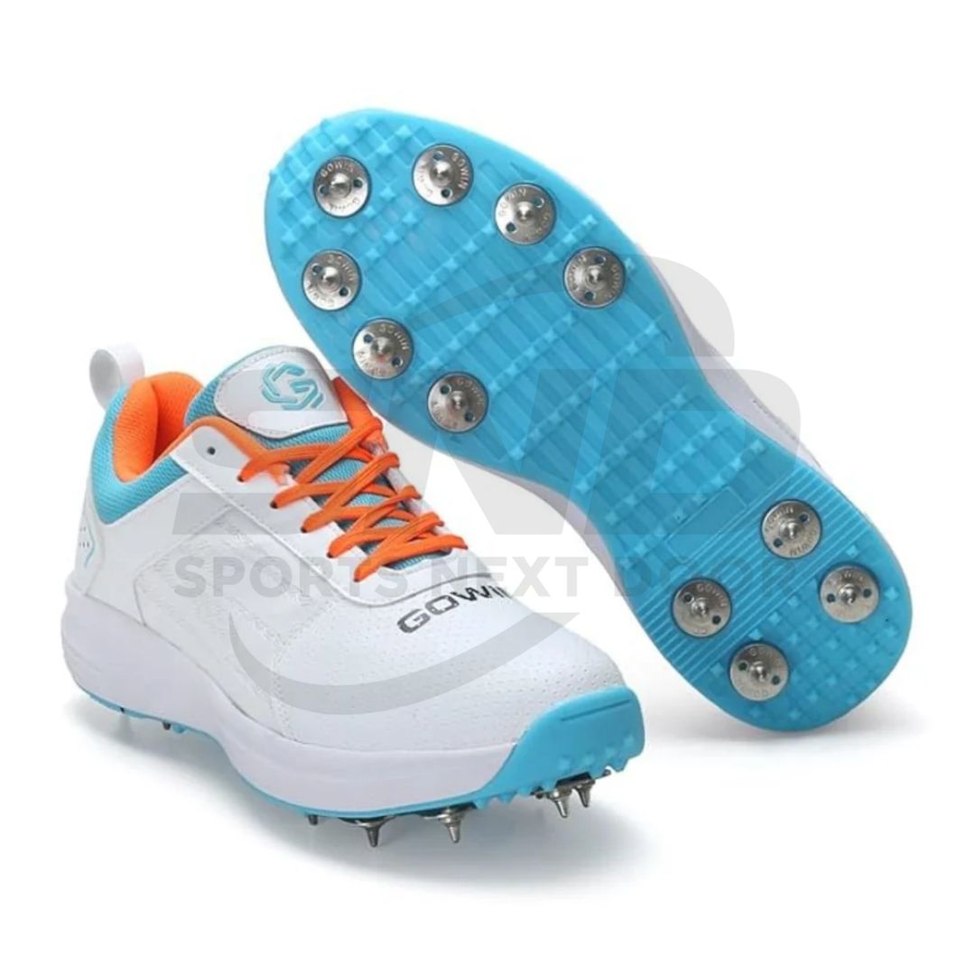 Gowin Tyro Metal Spike Cricket Shoes | White/Island Blue
